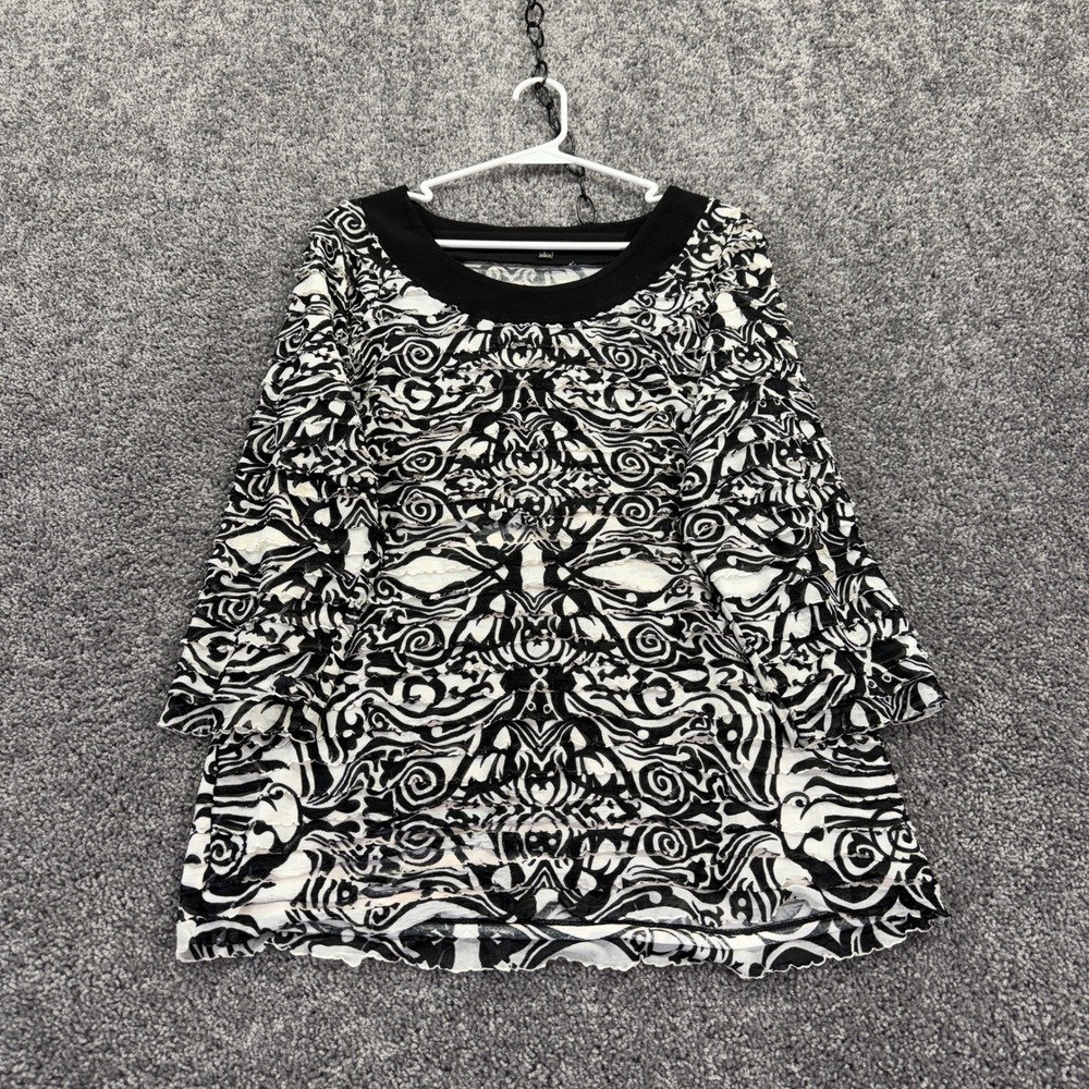 Notations Blouse Womens Large Black White Tiered Ruffle Scroll Print